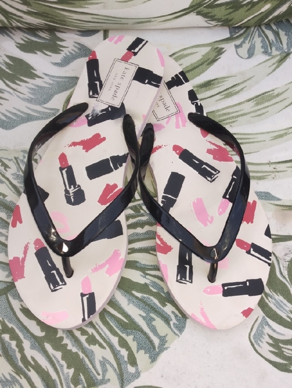 kate spade White Sandals with Pink Lipstick Print and Black Straps